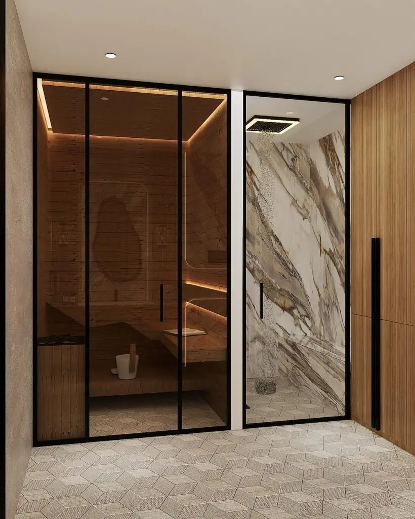 Home spa steam shower with bench seating
