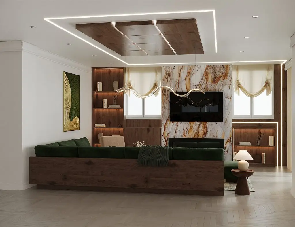 Open-plan basement family room in an Oakville custom home, custom home design by Euphoric Design Studio