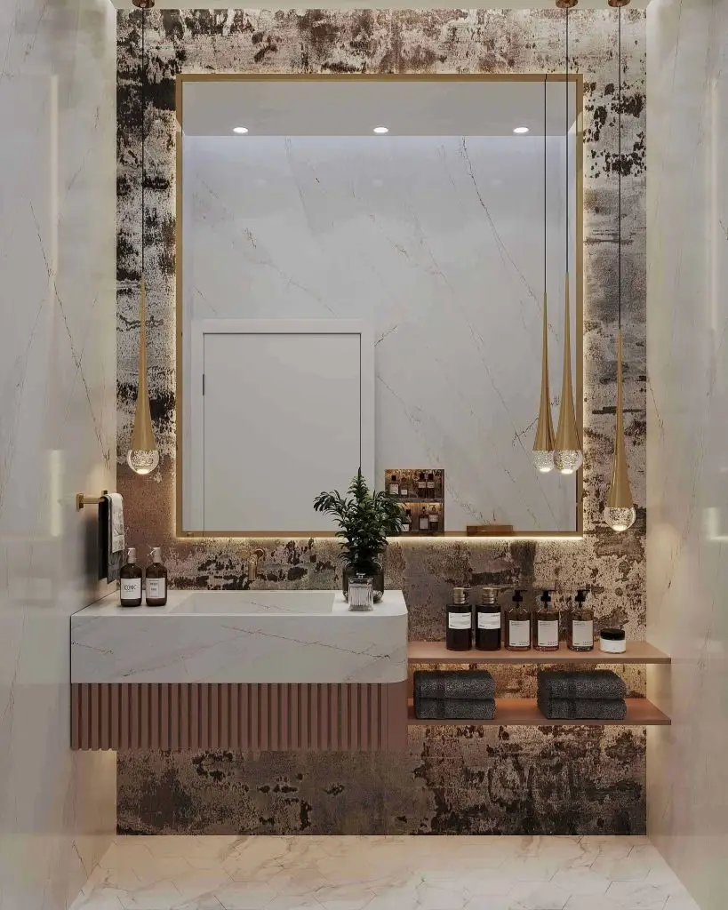 Powder room vanity detail with feature lighting