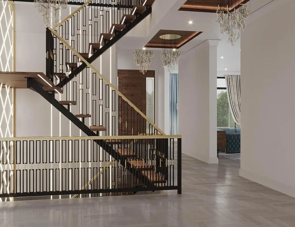 Staircase with skylight above in an Oakville custom home
