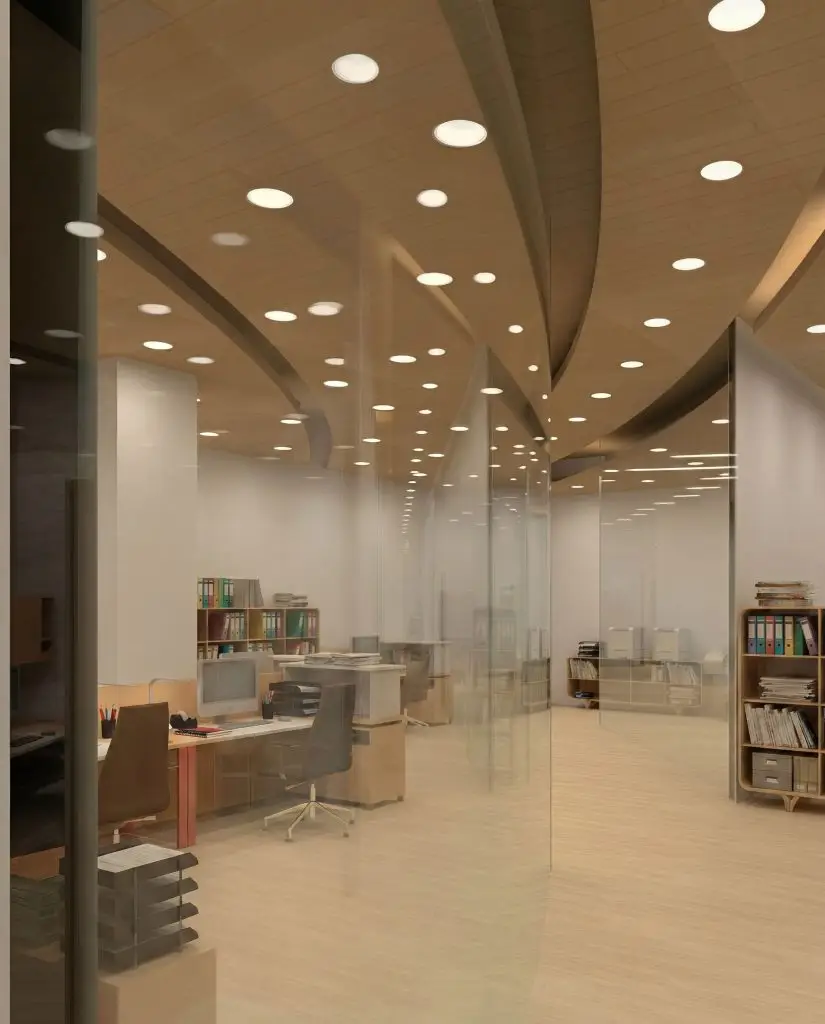 Semi-enclosed office with transparent partitions, commercial interior design in Toronto